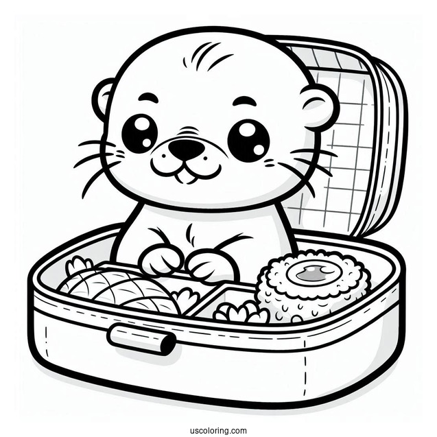 Otter Coloring Page In Bento Box With Cartoon Food