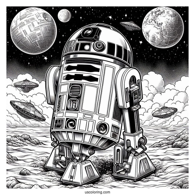 Realistic R2-D2 Coloring Page Outline On A Planet