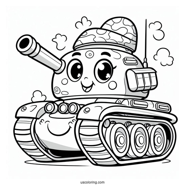Coloring Sheet of Cartoon Military Tank With Smiling Face