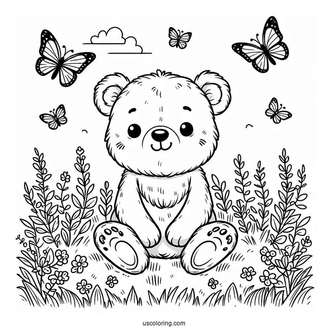 Cute Bear Coloring Page Sitting In Grass With Butterflies