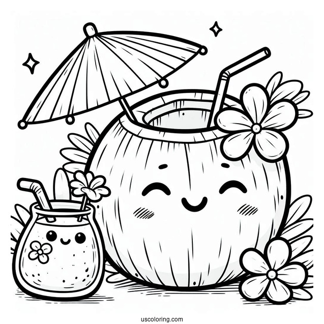 Cute Smiling Coconut Coloring Page Drink With Flower And Mini Umbrella For Kids
