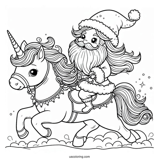 Santa Claus Riding a Unicorn Coloring Page