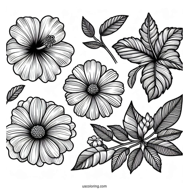 Flower Coloring Pages Of Hibiscus, Daisy, And Dahlias