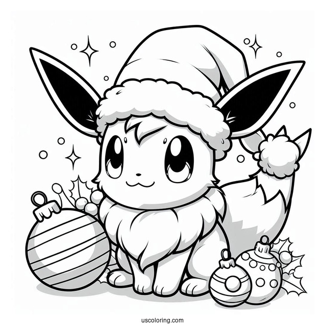 Pokemon Christmas Coloring Page Eevee Wearing Santa Hat With Christmas Baubles In The Background