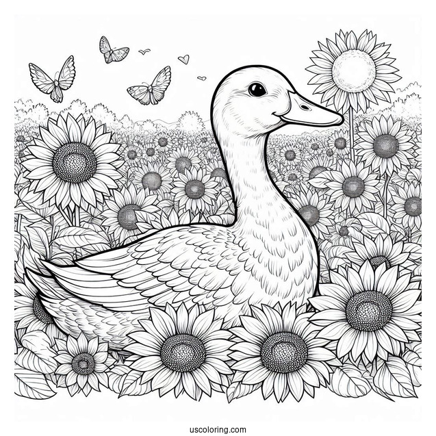 Realistic Duck in a Field of Sunflowers