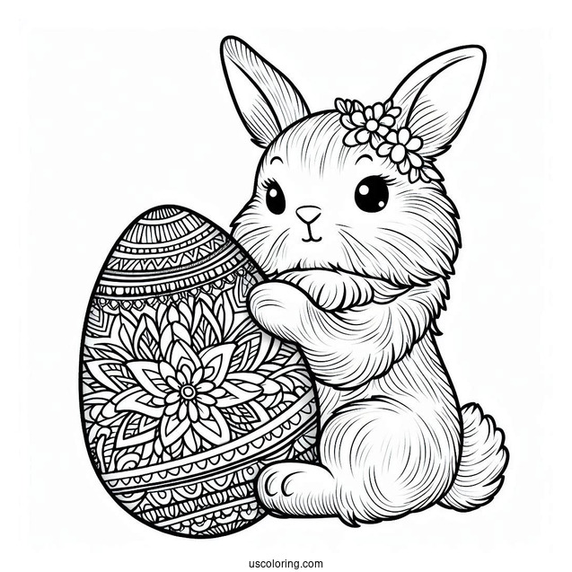 Furry Bunny Holding An Easter Coloring Page Of Egg With Mandala Pattern
