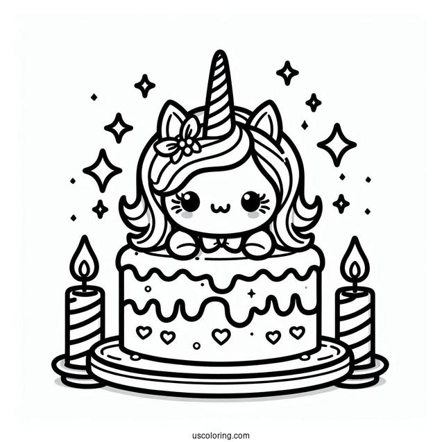 Kawaii Unicorn Cake With Candles Coloring In