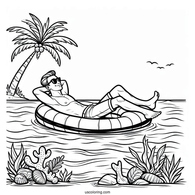 Swimming Coloring Page OF Man Relaxing On An Inflatable For Kids