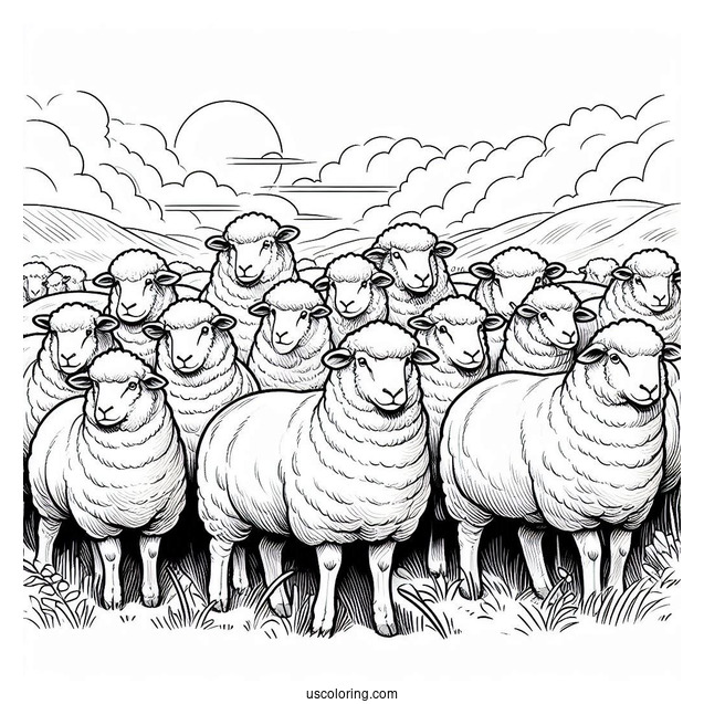 Flock Of Sheep Standing In Paddock Coloring