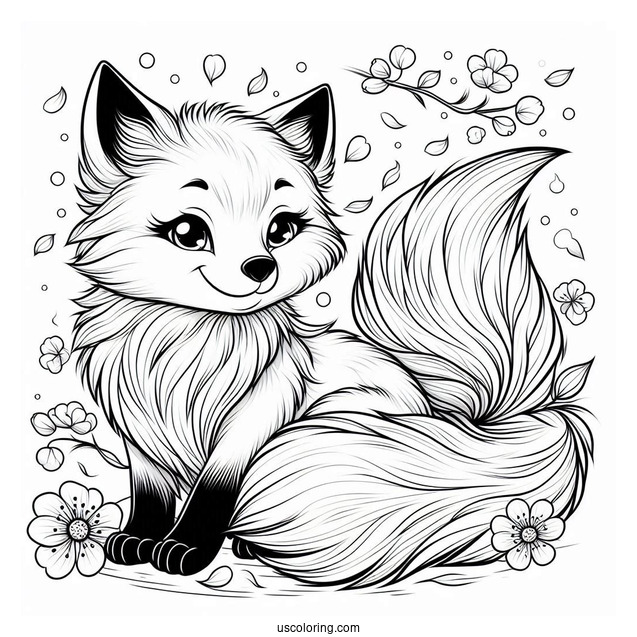 Fluffy Fox Coloring Page With Petals In Background