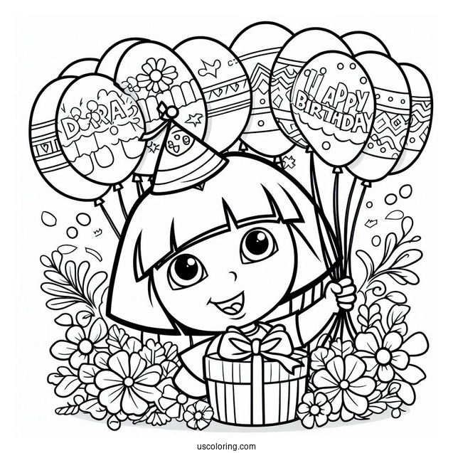 Dora Holding Happy Birthday Balloons To Color