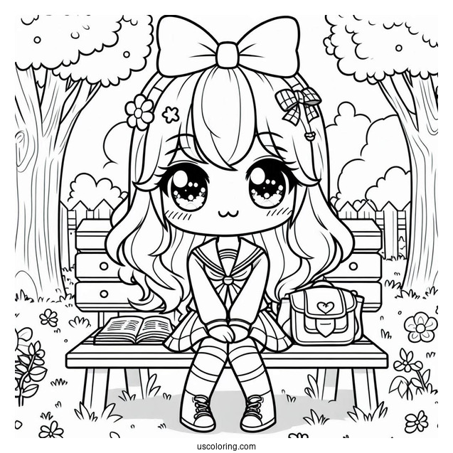 Kawaii School Girl Sitting In A Park Coloring Page