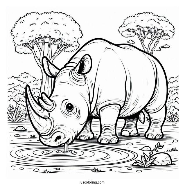 Angry Looking Rhino Next To Watering Hole