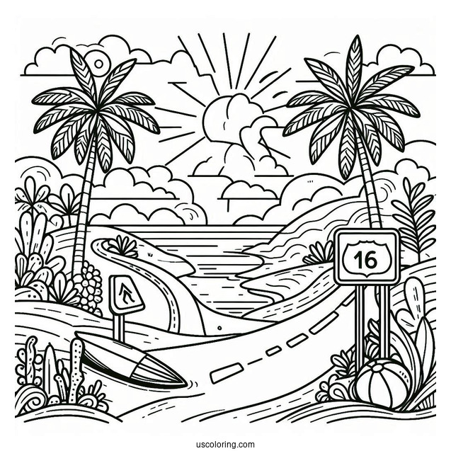 Summer Coloring Page Of Beach Scene With Road Sign, Palm Trees, And Surf Board