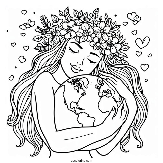 Woman With Flower Crown Hugging Earth Coloring Sheet