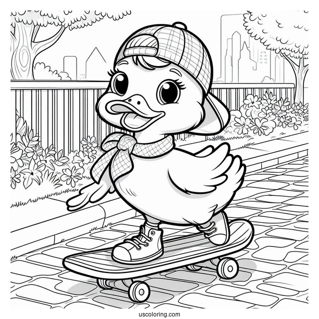 Duck Skateboarding Down the Street Coloring Page For Kids