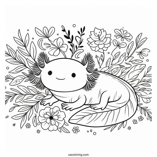 Shy Axolotl Coloring Page Hovering Above Flowers And Leaves