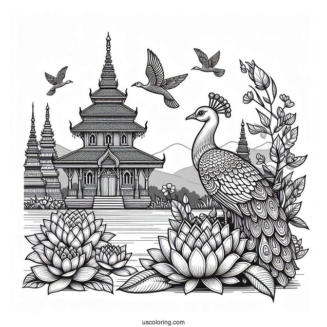 Peacock Coloring Page by Lotus Pond with Temple Background for Adults