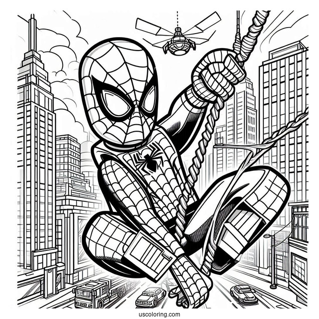 Lego Spider-Man With Webs Swinging Through City