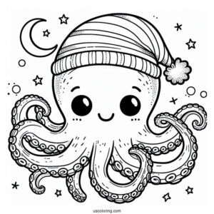 Octopus Coloring Page Wearing Night Cap