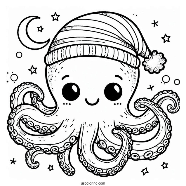 Octopus Coloring Page Wearing Night Cap