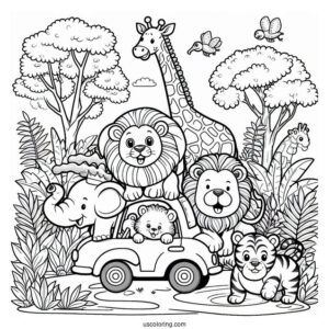 Jungle Coloring Page Of Elephant, Lion, Giraffe, Zebra, Tiger, Hippo, And Monkey Riding Car