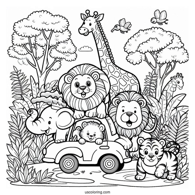 Jungle Coloring Page Of Elephant, Lion, Giraffe, Zebra, Tiger, Hippo, And Monkey Riding Car