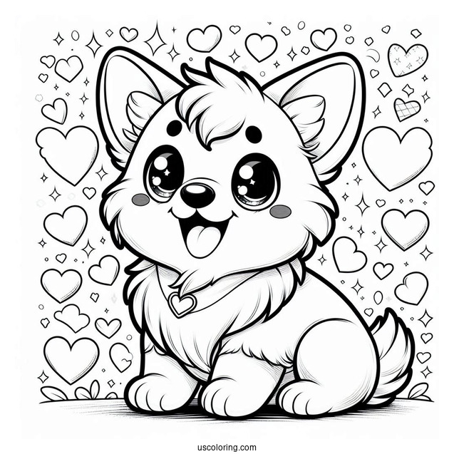Chibi Corgi Coloring Page With Hearts And Paws In Background