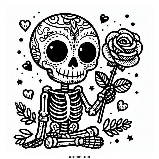 Happy Skeleton Coloring Page Holding Rose