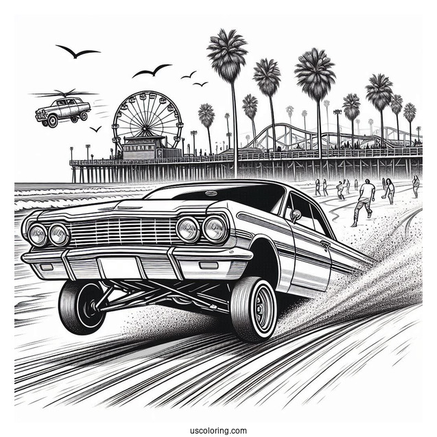 Lowrider Coloring Page Of 1964 Chevy Impala Hopping At The Beach