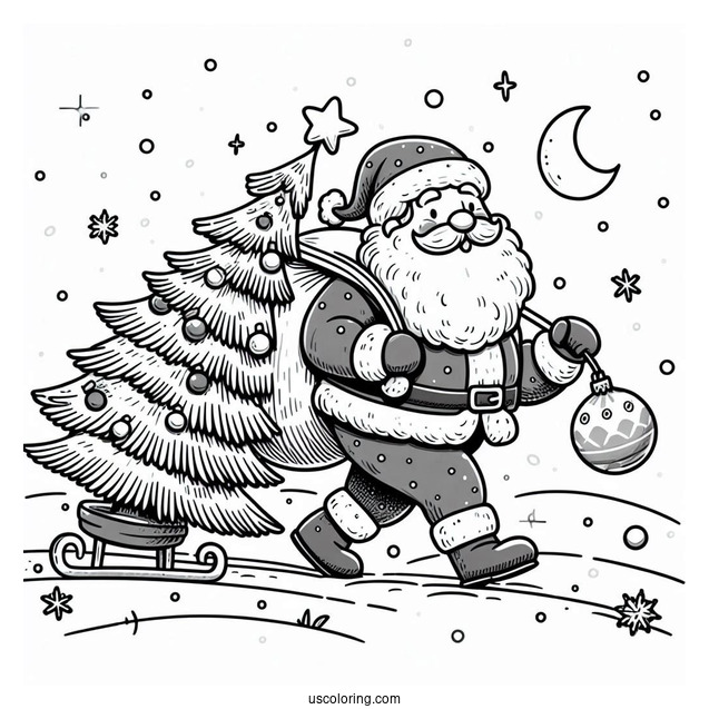 Santa Claus Hauling a Christmas Tree In The Snow