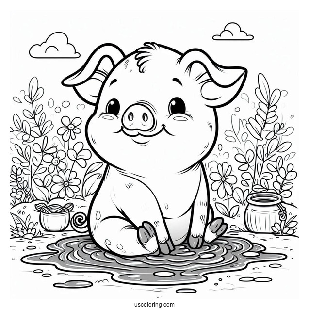 Happy Pig Sitting In Mud