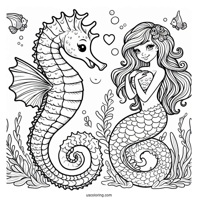 Seahorse And Mermaid With Love Heart To Color