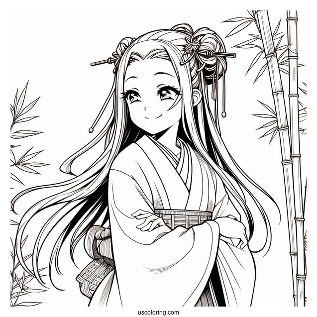 Detailed Nezuko Coloring Page With Bamboo