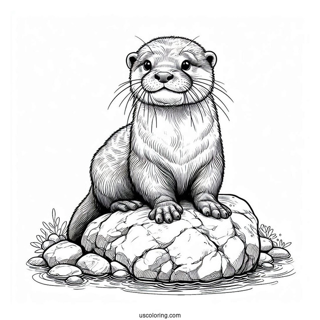 Realistic Otter Coloring Page Sitting On Rock
