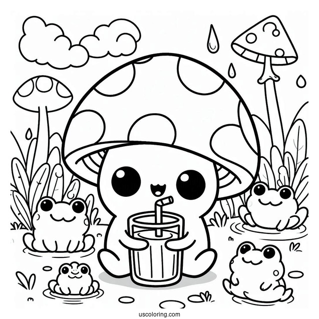 Cute Coloring Page Of Cartoon Mushroom Drinking While Surrounded By Frogs
