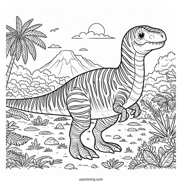 Dinosaur Coloring Page Of Striped Tarbosaurus In Nature