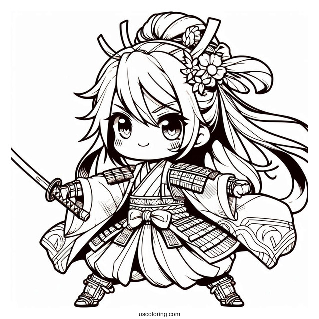 Fierce Young Chibi Coloring Page Samurai in Battle Robes