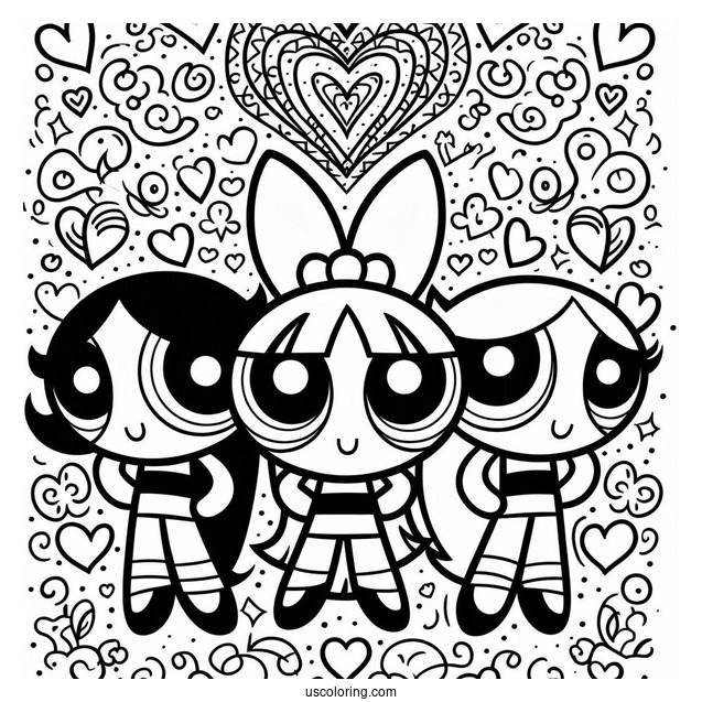 Powerpuff Girls In Love Heart Coloring Sheet