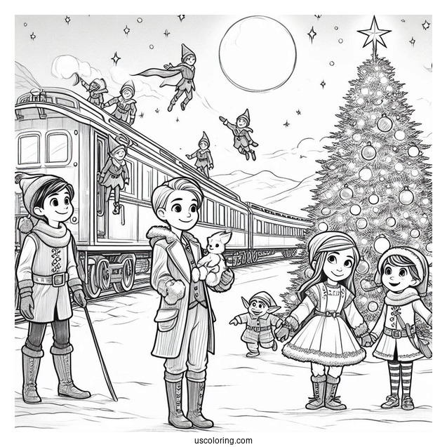 Polar Express Coloring Page Of Hero Boy, Hero Girl, And Lonely Boy With The Elves Around A Christmas Tree