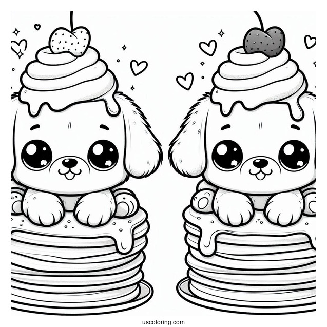 Cartoon Puppy Topping On Fluffy Pancake Coloring Page