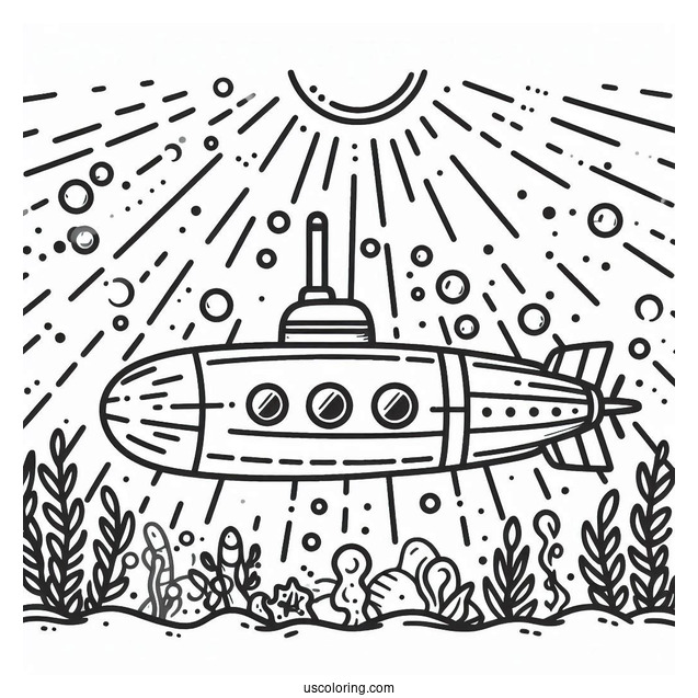 Simple Submarine Coloring Page Outline With Sun Rays And Bubbles