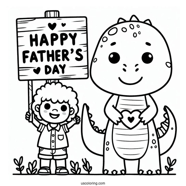 Father's Day Coloring Page Of Cute Dinosaur Holding A Happy Father's Day Sign For Kids