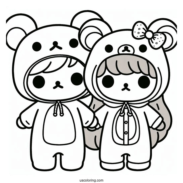 Friends Hugging Rilakkuma Coloring Page In Onesie Costume For Kids