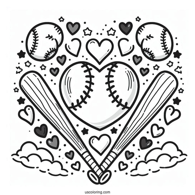 Baseball Coloring Page Of Heart and Bats For Preschoolers