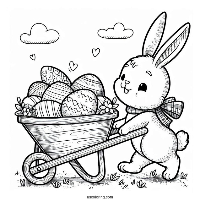 Easter Coloring Page Of Rabbit Pulling Wheelbarrow Full Of Easter Eggs