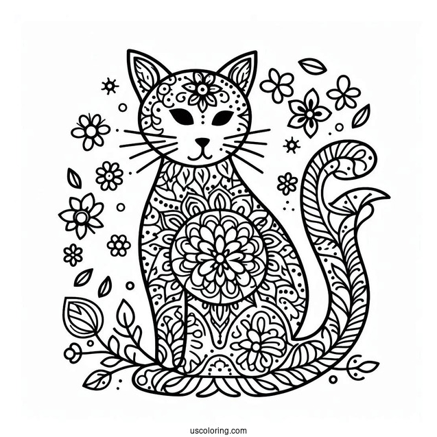 Cat-Shaped Floral Mandala Coloring Page