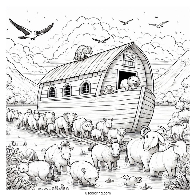 Realistic Noah's Ark Coloring Page With Animals Leaving The Ark