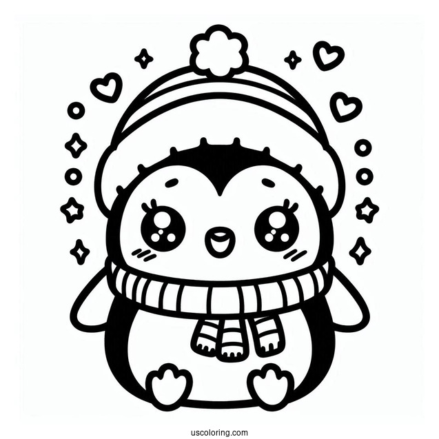 Kawaii Penguin Christmas Coloring Page