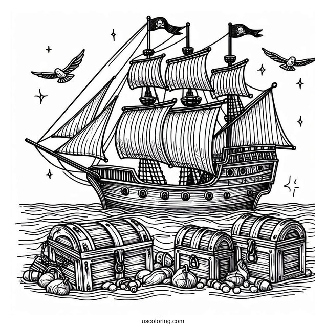 Simple Pirate Ship Coloring Page At Sea With Treasure Chests For Kids